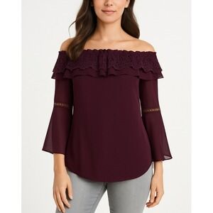 White House Black Market Off Shoulder Blouse XS Purple Bell Sleeve Lace Ruffle